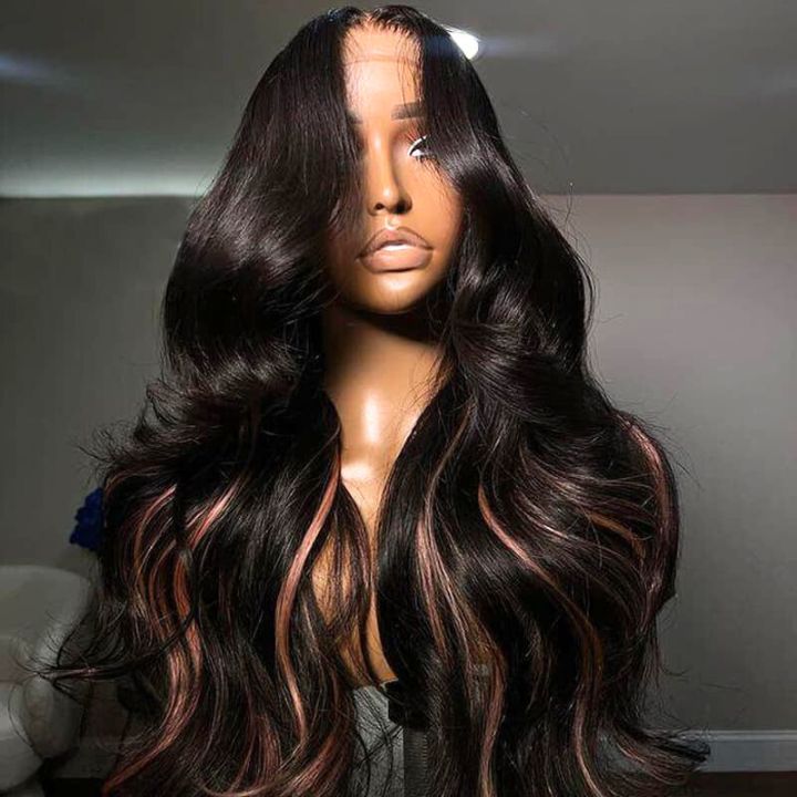 Glueless Long Peekaboo Highlight Pink Colored Wig New Trendy Body Wave 13x4 Lace Front WigsAmanda Hair