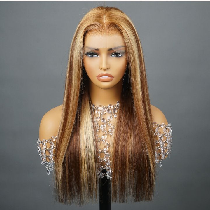 11A Highlights Honey Blonde Hair Full Density Perfect FinishGlueless Closure/Front Brown Colored Straight Human Hair Wig- Amanda Hair