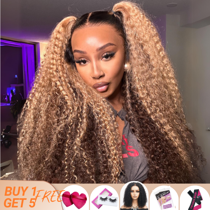 Flash Sale: $0 get The Bob Wig Highlight Color Honey Blonde Curly HD Transparent Lace Front/Closure Wig With Brown Roots- Amanda Hair