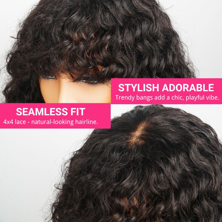 Glueless Water Wave Clear Transparent Lace Front Short Curly Wigs with Bangs For Women-Amanda Hair