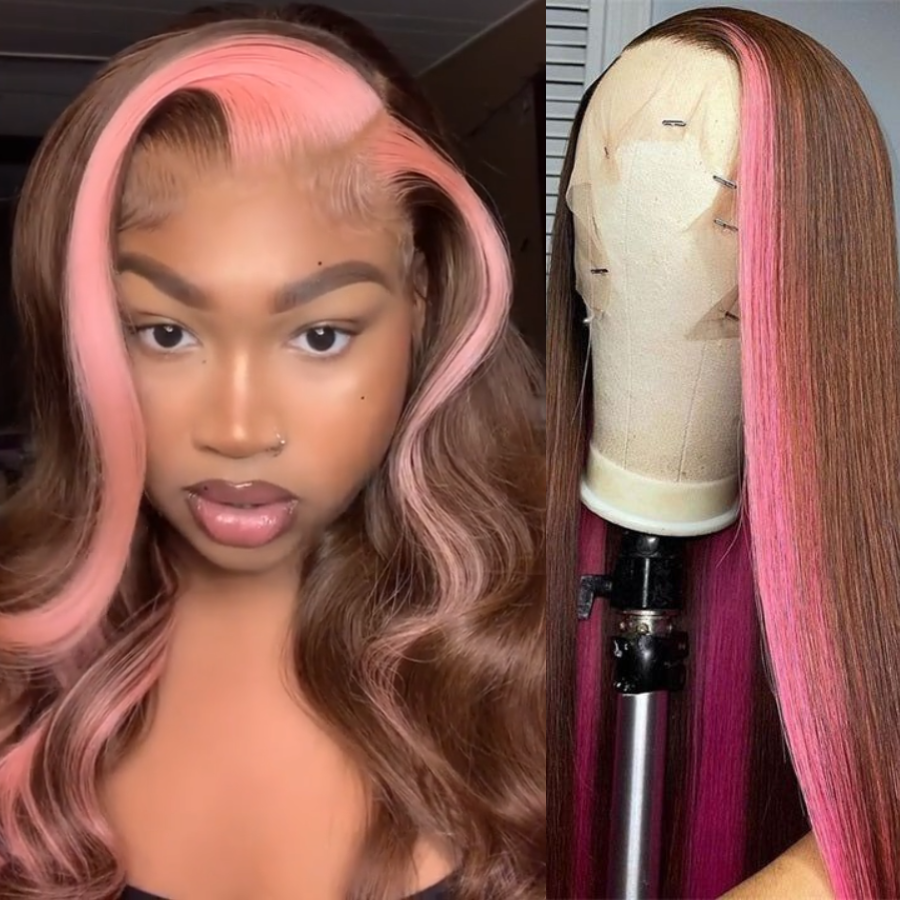 Highlights Strawberry Pink & Chocolate Skunk Stripe Colored Lace Front Wig-Amanda Hair