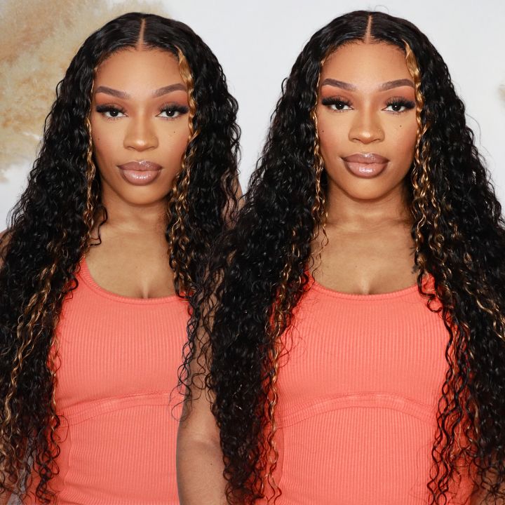 24H Fast Shipping Glueless Blonde Highlights on Luxurious Lace Frontal Deep Curly Wave Wig - Clear Transparent Lace Front/Closure Wig- Amanda Hair