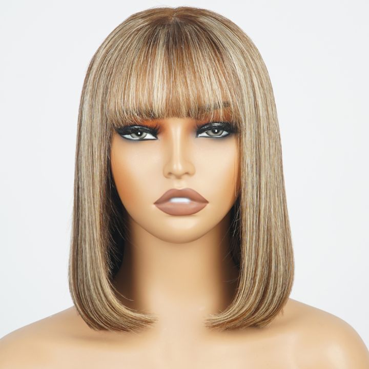 Highlight Blonde Mix Brown Summer Choice Fashion Short Straight Bob Lace Wigs with Bangs Transparent Glueless Lace Colored  Wigs No Code Needed  -Amanda Hair