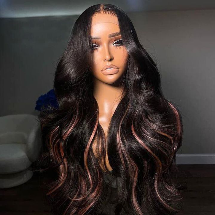 Glueless Long Peekaboo Highlight Pink Colored Wig New Trendy Body Wave 13x4 Lace Front WigsAmanda Hair