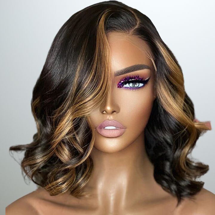 Glueless Highlight Honey Blonde Short Wavy 13x4 Lace Front Bob Wig Glueless Lace Human Hair Wig