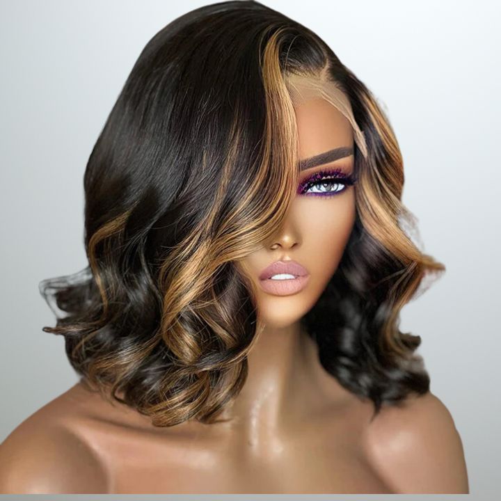 Glueless Highlight Honey Blonde Short Wavy 13x4 Lace Front Bob Wig Glueless Lace Human Hair Wig