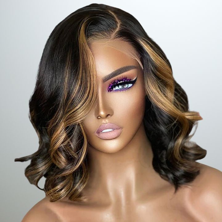 Glueless Highlight Honey Blonde Short Wavy 13x4 Lace Front Bob Wig Glueless Lace Human Hair Wig