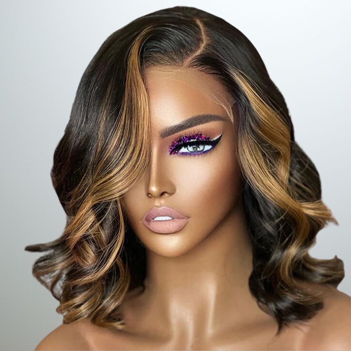 Glueless Highlight Honey Blonde Short Wavy 13x4 Lace Front Bob Wig Glueless Lace Human Hair Wig