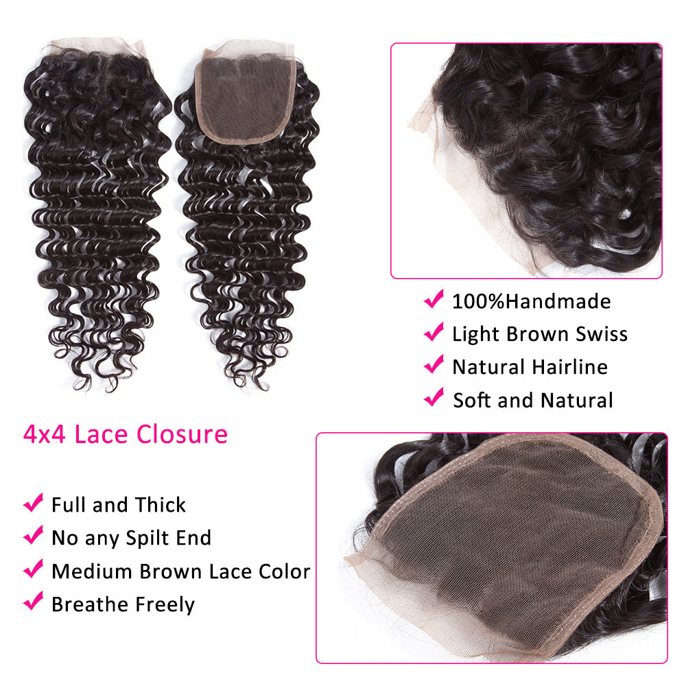Deep Wave Brazilian Hair 3 Bundles With 4*4 Lace Closure 10A Human Hair Extensions-Amanda Hair
