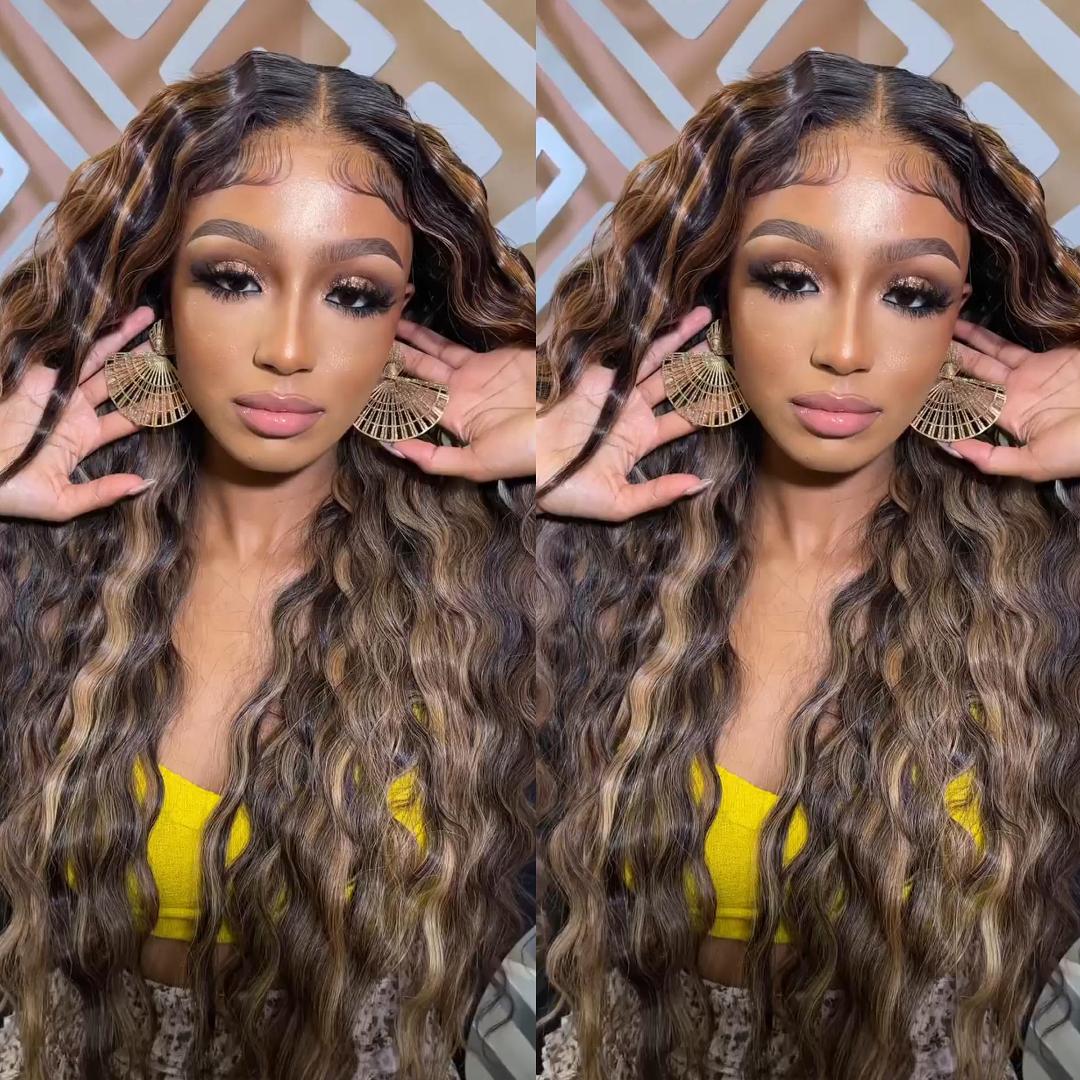 Highlights Blonde Glueless Lace Water Wave Wig Human Hair Transparent 13X4 Lace Frontal Curly Wave Wig Pre Plucked Glueless Wig -AmandaHair