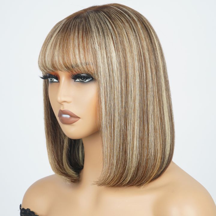 Highlight Blonde Mix Brown Summer Choice Fashion Short Straight Bob Lace Wigs with Bangs Transparent Glueless Lace Colored  Wigs No Code Needed  -Amanda Hair