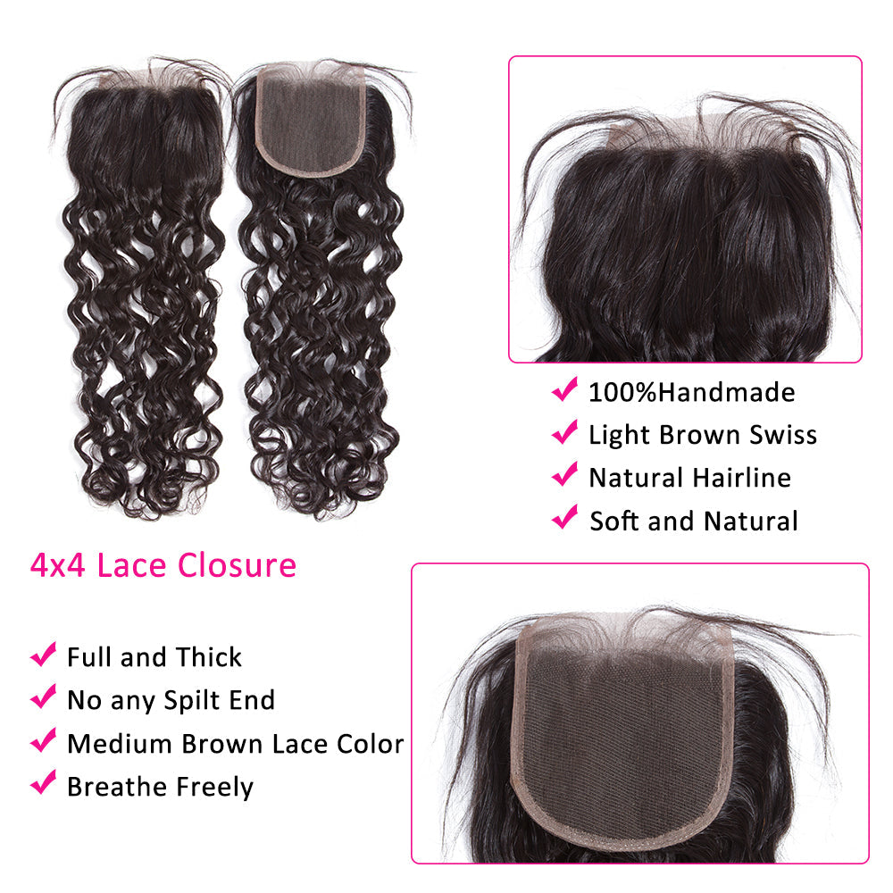 Water Wave 4 Bundles With 4*4 Lace Closure Brazilian Hair 9A Grade 100% Unprocessed Human Hair -Amanda Hair