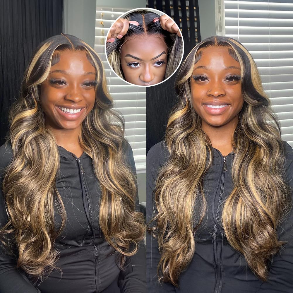 Glueless Human Hair Money Piece Highlight Blonde Body Wave Lace Front Color Wigs-Amanda Hair Clearance Flash Sale