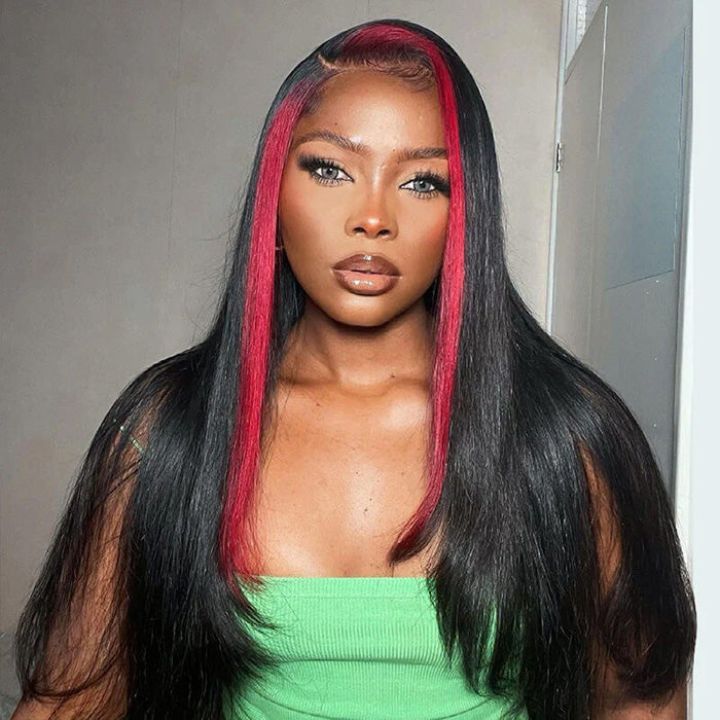 Highlights Red& Black Skunk Stripe  Straight Lace Closure Human Hair Wigs Colored HD Transparent 13*4/4x4 Lace Front Wig With Baby Hair-Amanda Hair