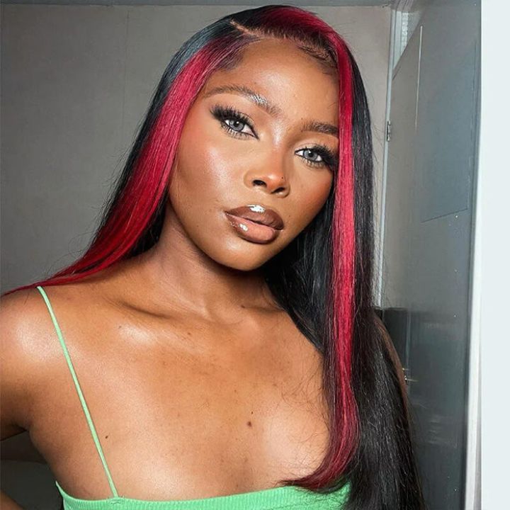Highlights Red& Black Skunk Stripe  Straight Lace Closure Human Hair Wigs Colored HD Transparent 13*4/4x4 Lace Front Wig With Baby Hair-Amanda Hair