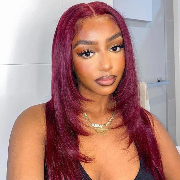 Burgundy Straight 13x4 Lace Front  Layered  Wig Butterfly Haircut #99J Color Wig