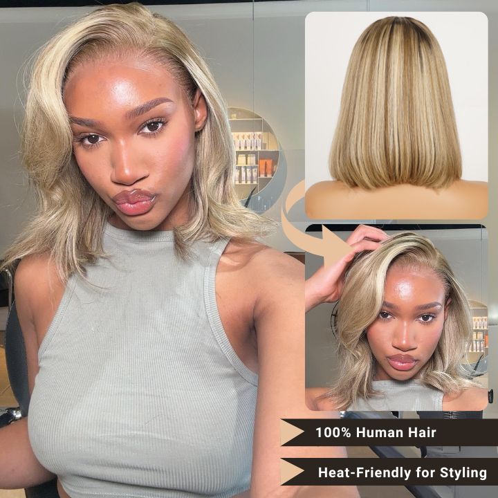 Extra 38% Off Clearance Ombre Ash Blonde Brazilian Straight Short Bob Wigs Transparent Lace Frontal Wig Pre Plucked Glueless Lace Wigs -Amanda Hair