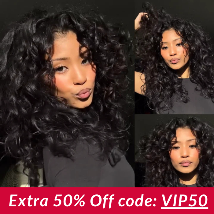 Extra 50% Off | Glueless Frizzy Loose Wave Human Hair Clear Transparent Lace Front Bouncy Curly Wig