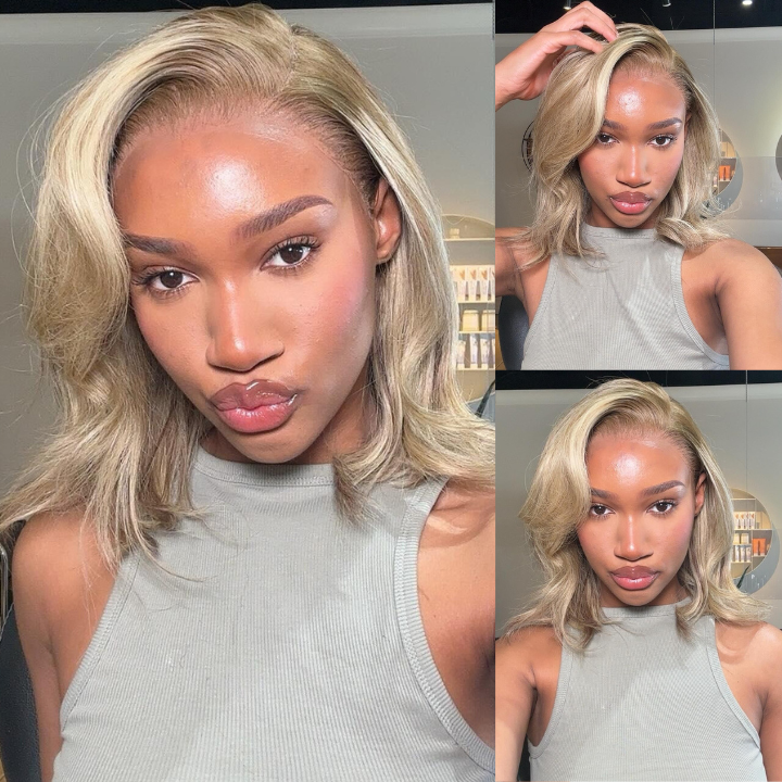 Extra 38% Off Clearance Ombre Ash Blonde Brazilian Straight Short Bob Wigs Transparent Lace Frontal Wig Pre Plucked Glueless Lace Wigs -Amanda Hair