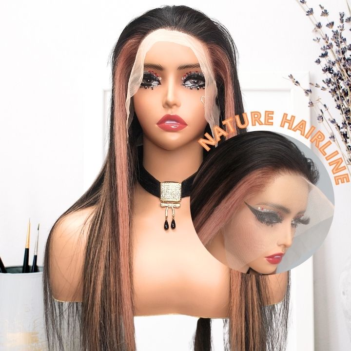 Long Highlight Pink Peekaboo Straight Human Hair Glueless Lace Front Wigs Spuer Cute Color Wig- Amanda Hair