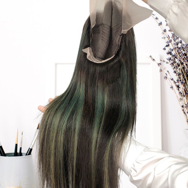 Long Highlight  Light Blue Straight Human Hair Glueless Lace Front Wigs Fashion Color Lace Wig- Amanda Hair