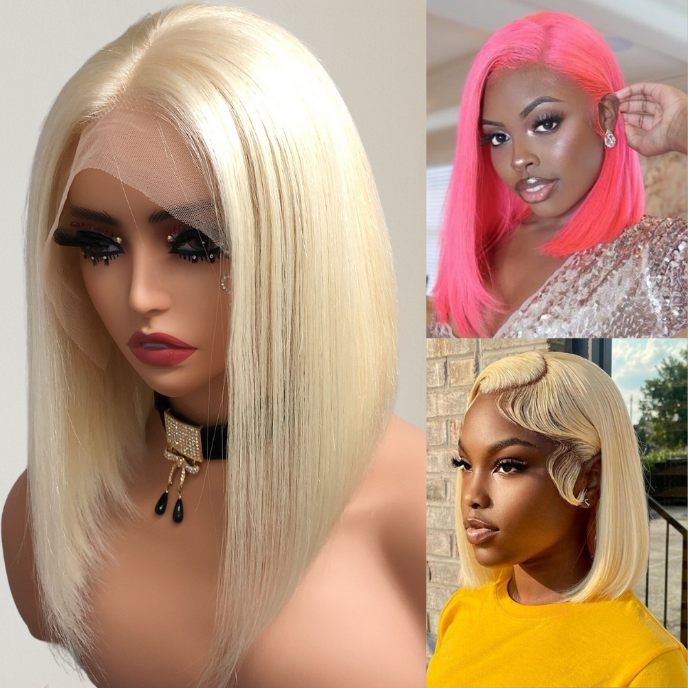 613# Blonde Brazilian Straight Short Bob Wigs 150% Density Transparent Lace Frontal Wig Pre Plucked Glueless Lace Wigs-Amanda Hair