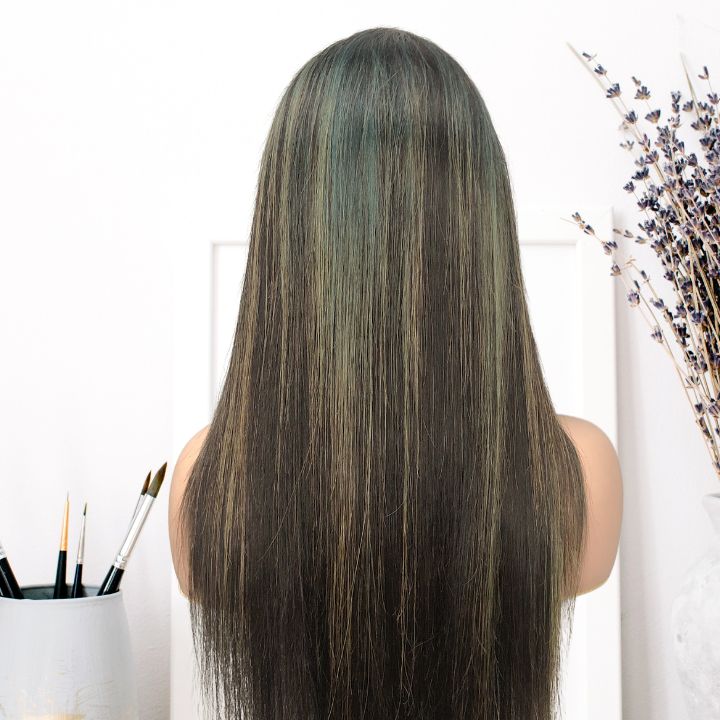Long Highlight  Light Blue Straight Human Hair Glueless Lace Front Wigs Fashion Color Lace Wig- Amanda Hair