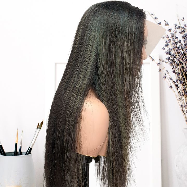 Long Highlight  Light Blue Straight Human Hair Glueless Lace Front Wigs Fashion Color Lace Wig- Amanda Hair