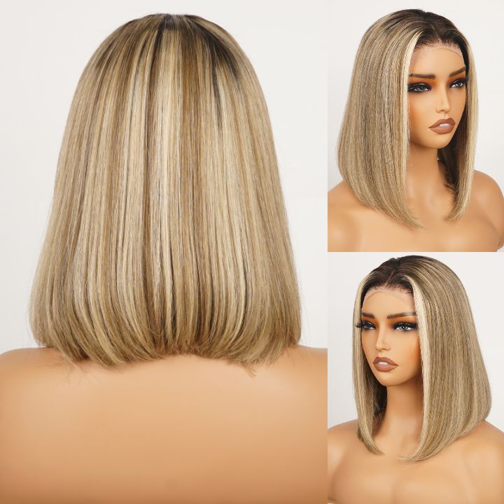 Extra 38% Off Clearance Ombre Ash Blonde Brazilian Straight Short Bob Wigs Transparent Lace Frontal Wig Pre Plucked Glueless Lace Wigs -Amanda Hair