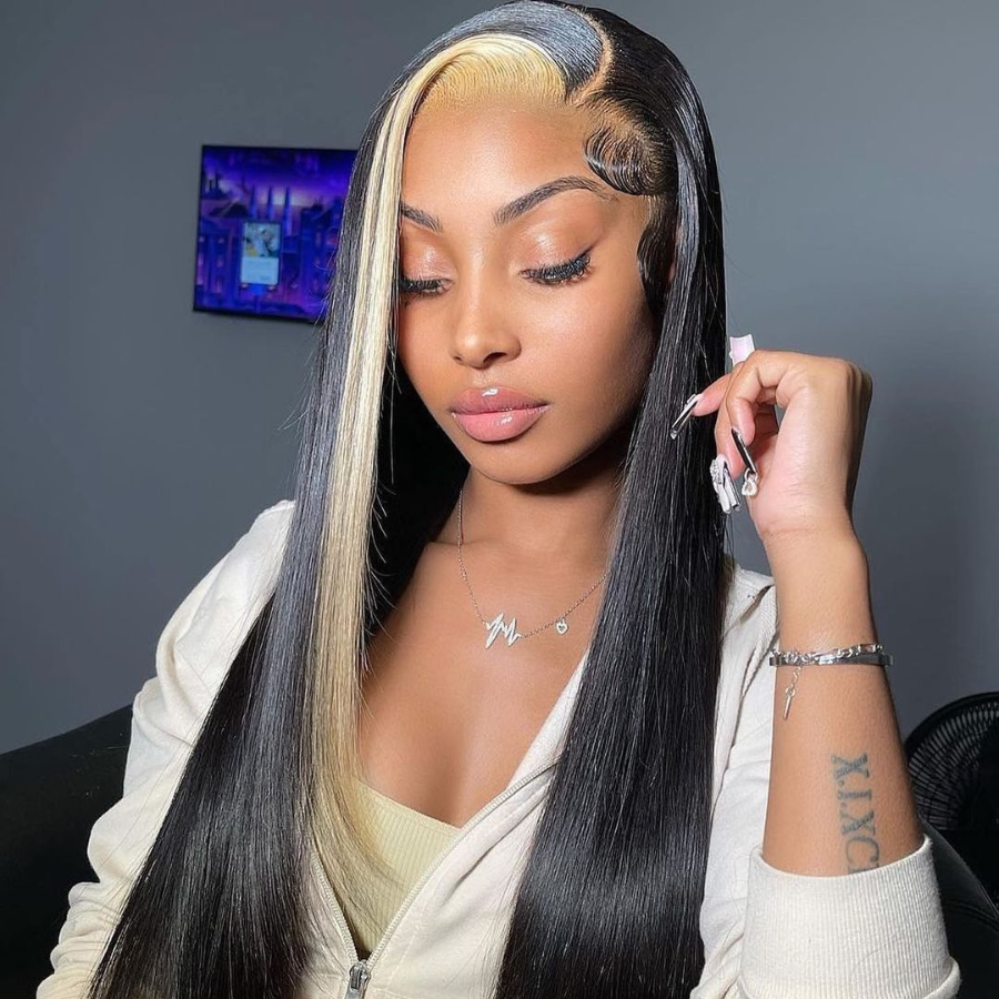 Highlights Blonde & Black Skunk Stripe  Straight Lace Closure Human Hair Wigs 1b/613 Colored HD Transparent 13*4/4x4 Lace Front Wig With Baby Hair-Amanda Hair