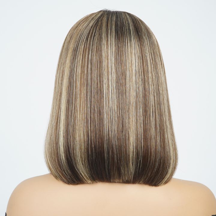 Highlight Blonde Mix Brown Summer Choice Fashion Short Straight Bob Lace Wigs with Bangs Transparent Glueless Lace Colored  Wigs No Code Needed  -Amanda Hair