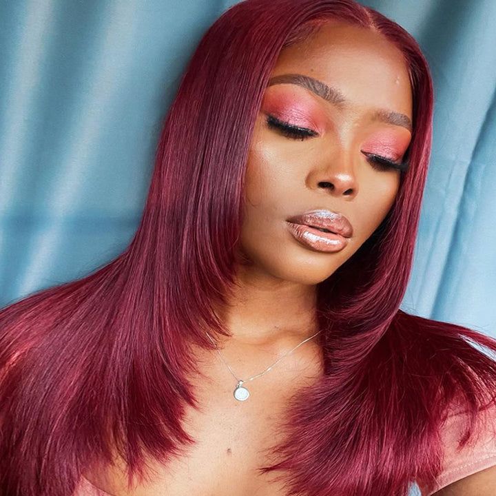 Burgundy Straight 13x4 Lace Front  Layered  Wig Butterfly Haircut #99J Color Wig