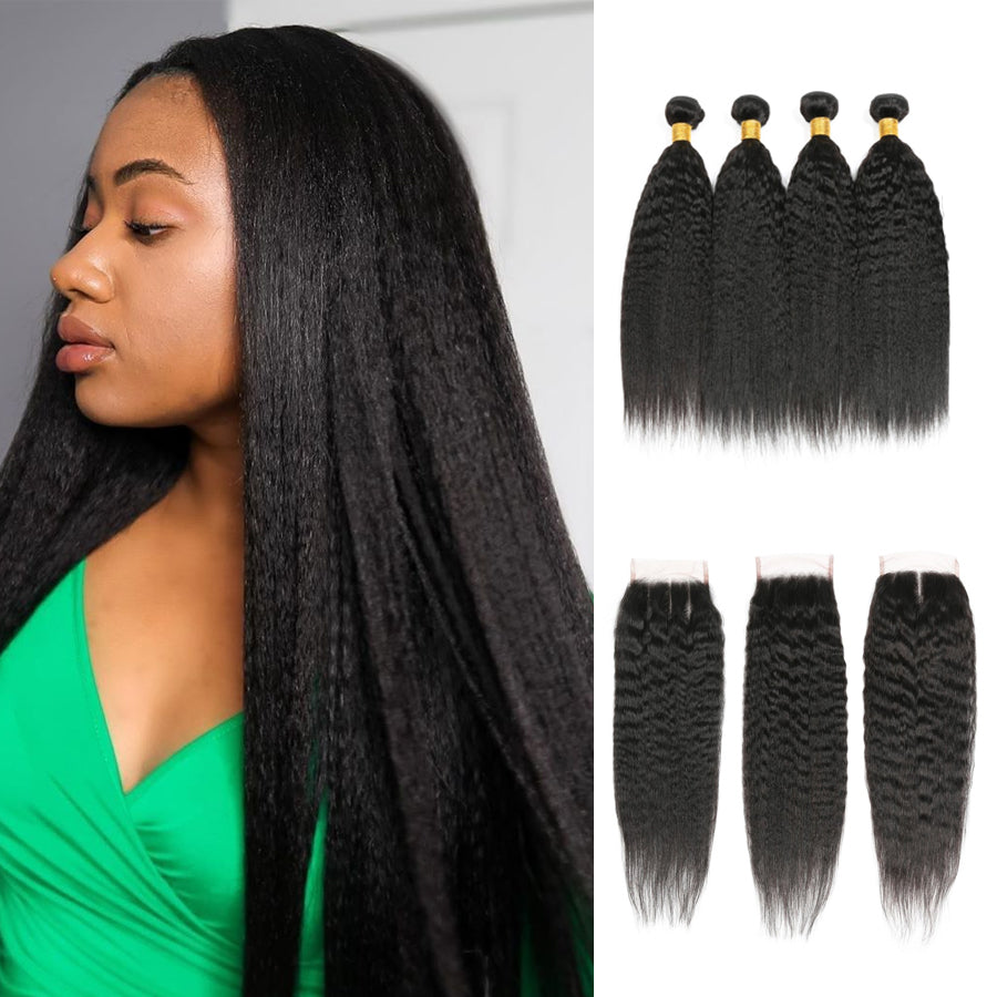 Amanda Indian Hair Kinky Straight 4 Bundles With 4*4 Lace Closure 9A Grade 100% Unprocessed Human Hair Hot Item