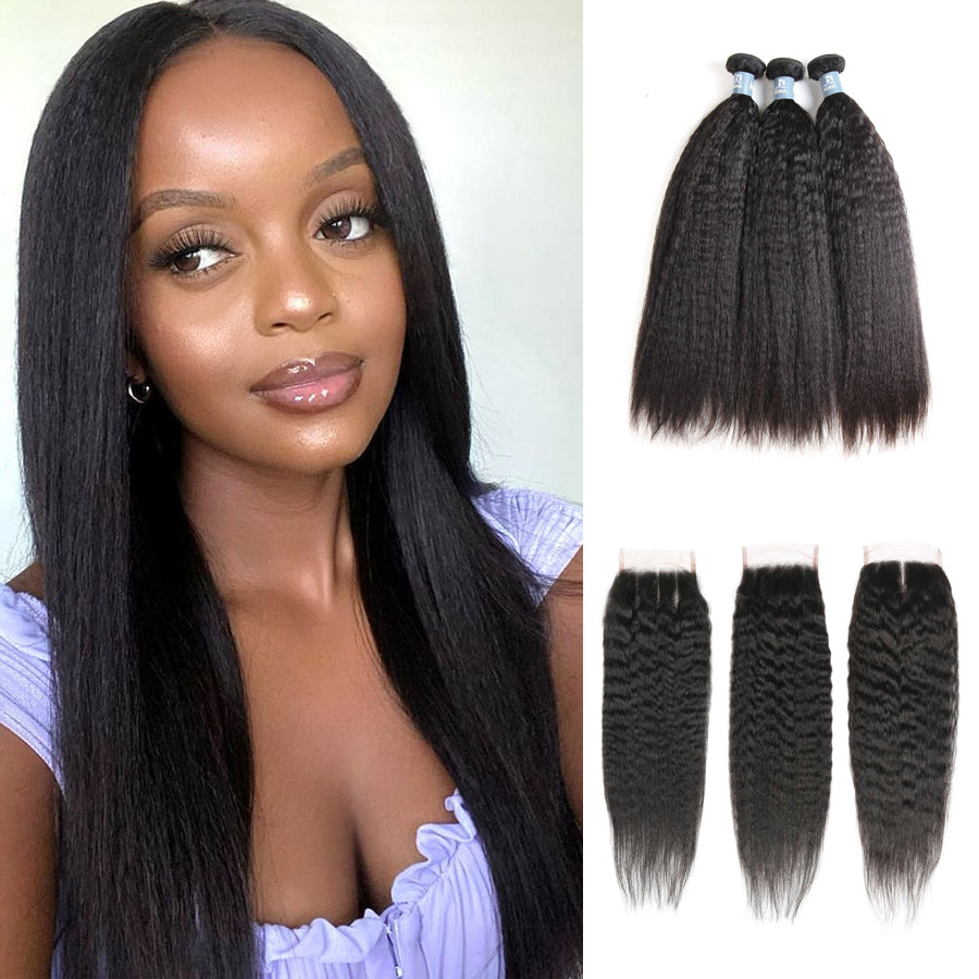 Amanda Malaysian Hair Kinky Straight 3 Bundles With 4*4 Lace Closure 9A Grade 100% Unprocessed Human Hair