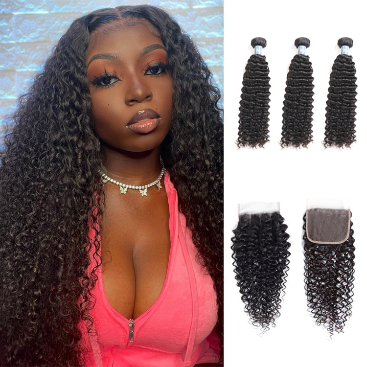 Amanda Mongolian Hair Kinky Curly 3 Bundles With 4*4 Lace Closure 9A Grade 100% Unprocessed Human Hair Christmas Hot Item