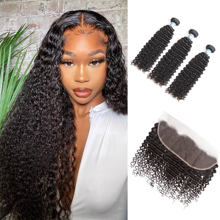 Brazilian Hair Kinky Curly 3 Bundles With 13*4 Lace Frontal 9A Grade 100% Unprocessed Human Hair Extensions - Amanda Hair