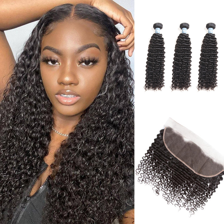 Amanda Mongolian Hair Kinky Curly 3 Bundles With 13*4 Lace Frontal 9A Grade 100% Unprocessed Human Hair Extensions