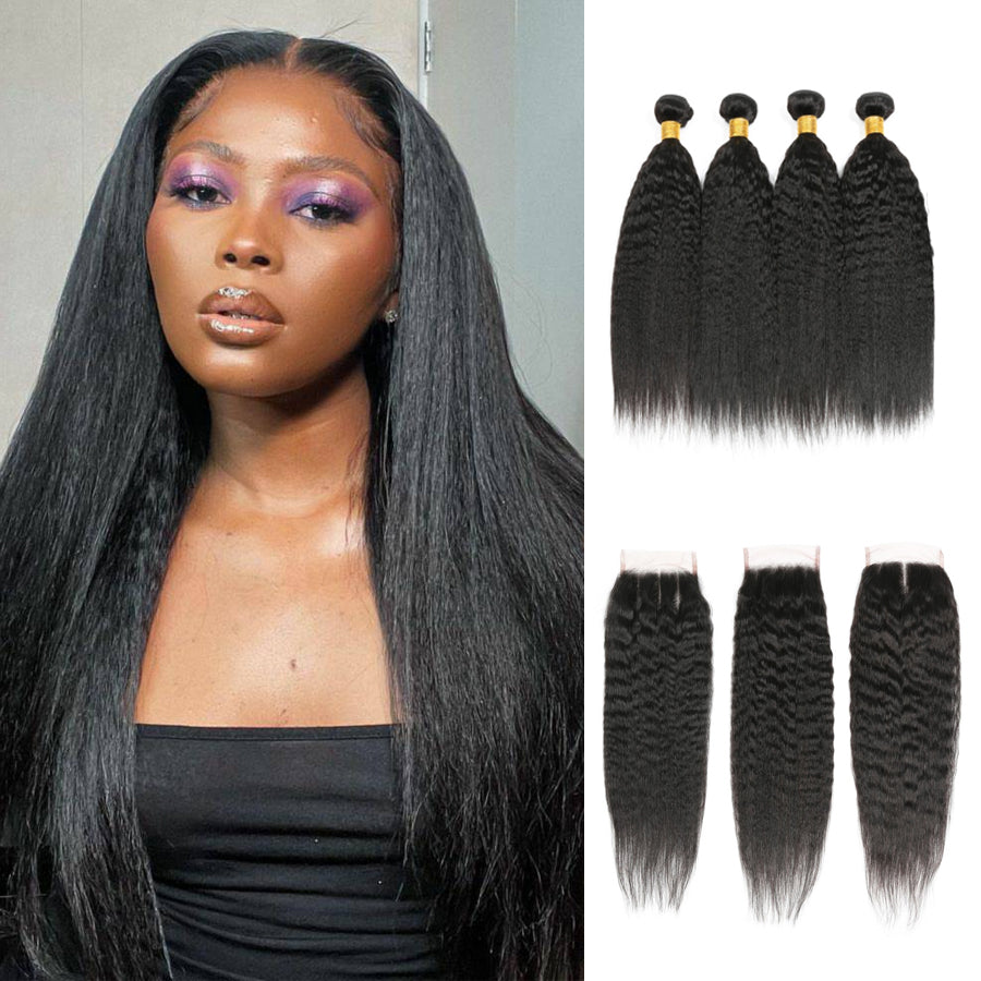 Amanda Malaysian Hair Kinky Straight 4 Bundles With 4*4 Lace Closure 9A Grade 100% Unprocessed Human Hair Hot Item