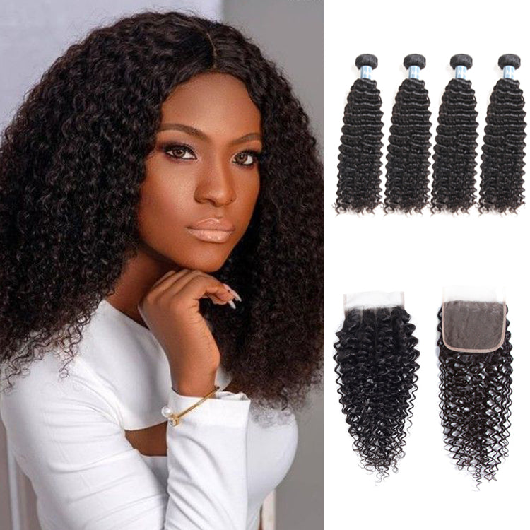 Brazilian Kinky Curly 4 Bundles With 4*4 Lace Closure 9A Grade 100% Unprocessed Human Hair - Amanda Hair