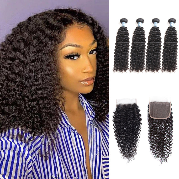 Amanda Peruvian Hair Kinky Curly 4 Bundles With 4*4 Lace Closure 9A Grade 100% Unprocessed Human Hair