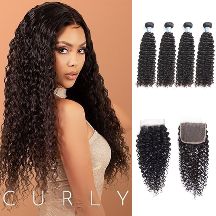 Amanda Indian Hair Kinky Curly 4 Bundles With 4*4 Lace Closure 9A Grade 100% Unprocessed Human Hair