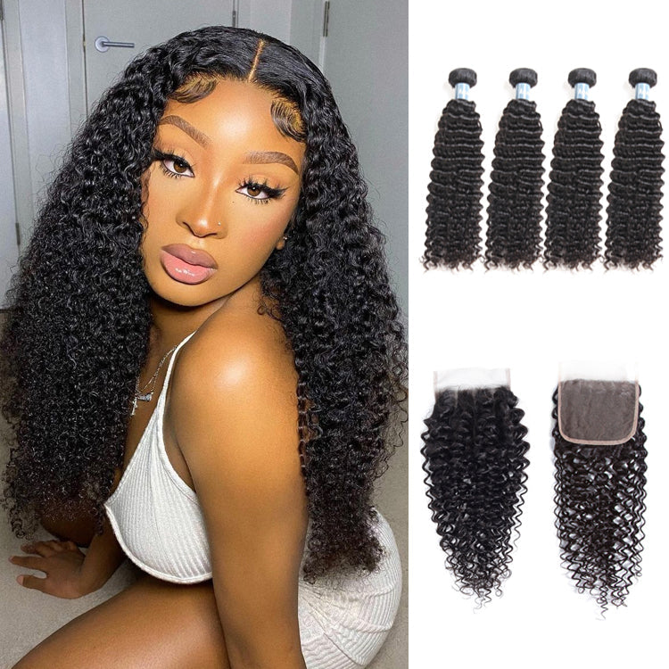 Amanda Malaysian Hair Kinky Curly 4 Bundles With 4*4 Lace Closure 9A Grade 100% Unprocessed Human Hair