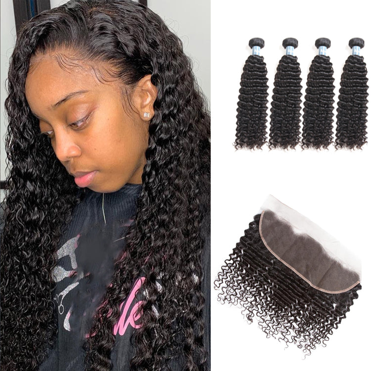 Brazilian Hair Kinky Curly 4 Bundles With 13*4 Lace Frontal 9A Grade 100% Unprocessed Human Hair- Amanda Hair