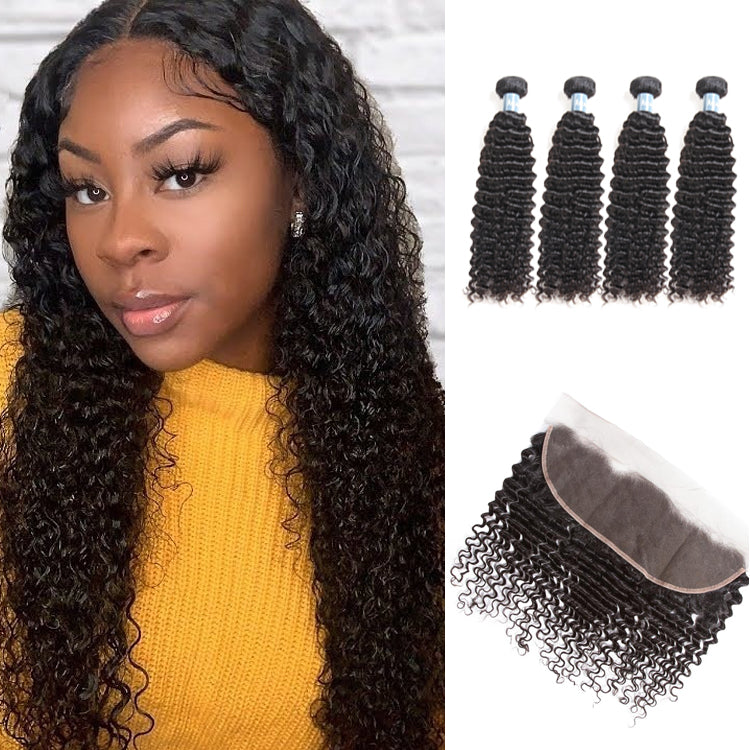 Amanda Malaysian Hair Kinky Curly 4 Bundles With 13*4 Lace Frontal 9A Grade 100% Unprocessed Human Hair