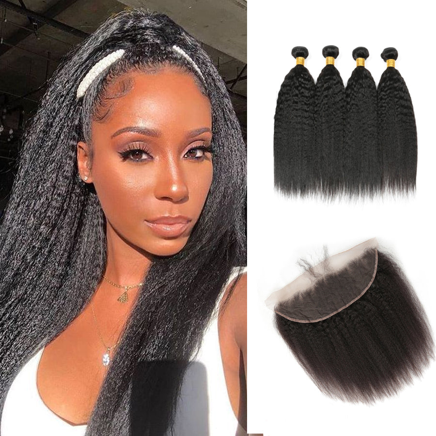 Amanda Mongolian Hair Kinky Straight 4 Bundles With 13*4 Lace Frontal 9A Grade 100% Unprocessed Human Hair