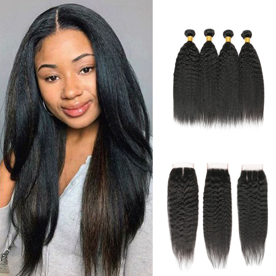 Amanda Mongolian Hair Kinky Straight 4 Bundles With 4*4 Lace Closure 9A Grade 100% Unprocessed Human Hair Hot Item