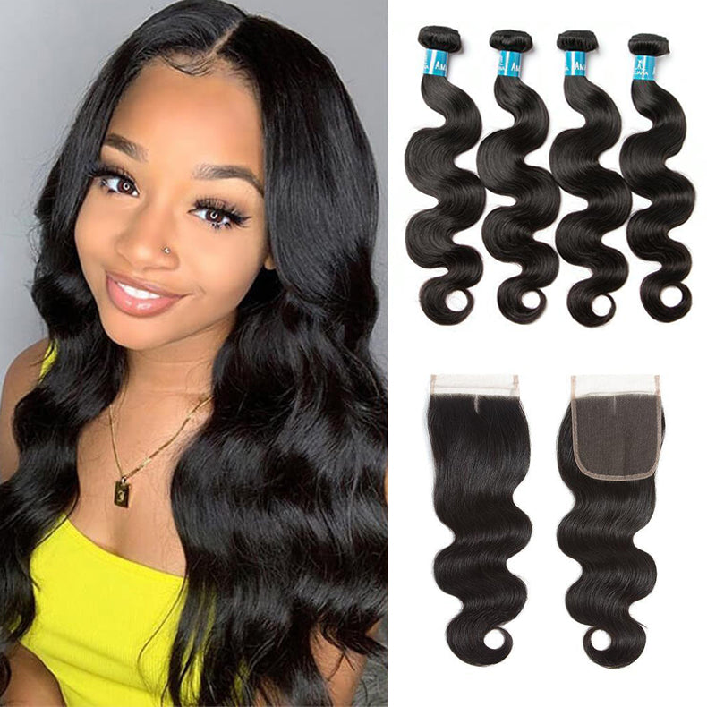 Brazilian Body Wave 4 Bundles With 4*4 Lace Closure 9A Grade 100% Unprocessed Human Hair - Amanda Hair