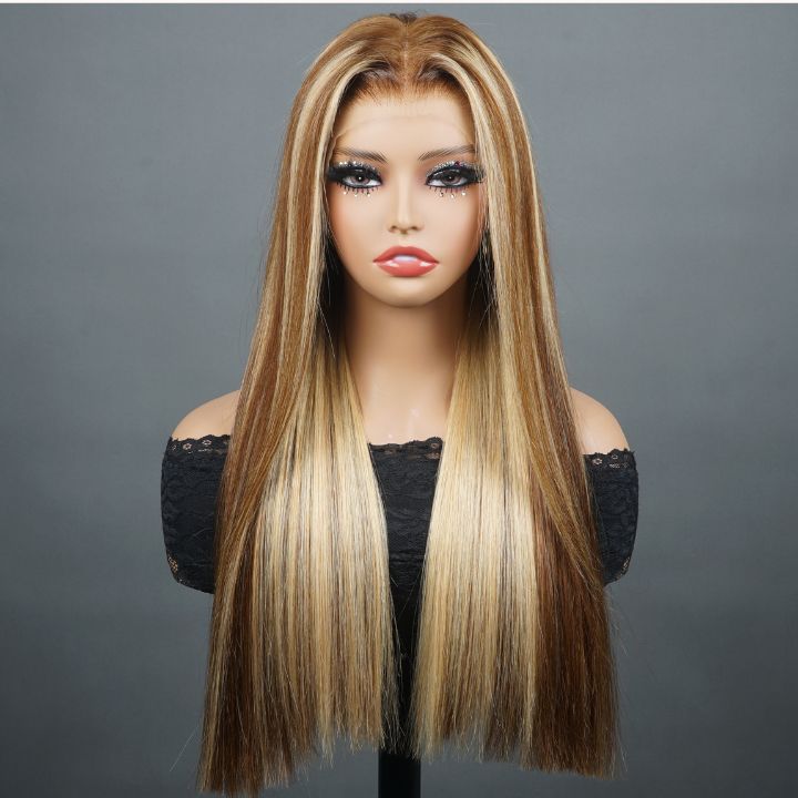 11A Highlights Blonde Hair Full Density Glueless Closure/Front Brown Colored Straight Wig- Amanda Hair