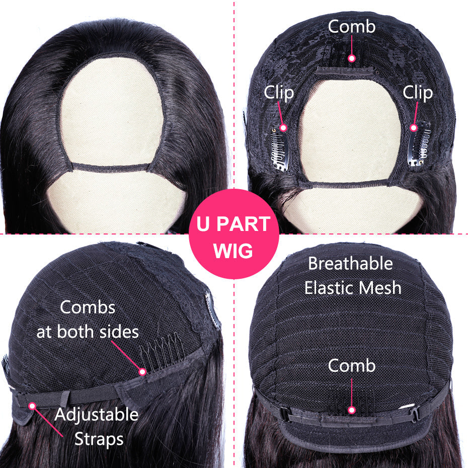 U Part Shape Leave Out Glueless Wigs Remy Brazilian Hair Straight Wig For Black Women 150% Density - Amanda Hair