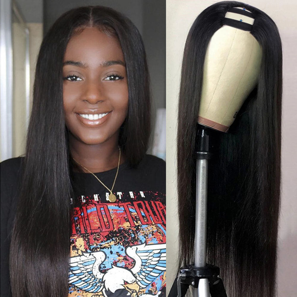 U Part Shape Leave Out Glueless Wigs Remy Brazilian Hair Straight Wig For Black Women 150% Density - Amanda Hair